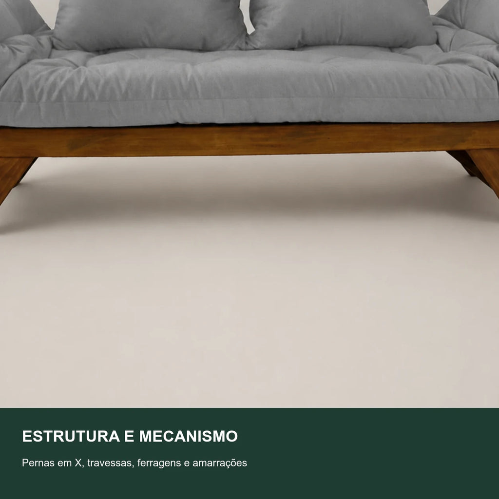 Sof� Cama Reclin�vel Futon Jap�o - Madeira Imbuia Tecido Acquablock Cor Cinza Linho - detalhe-mecanismo
