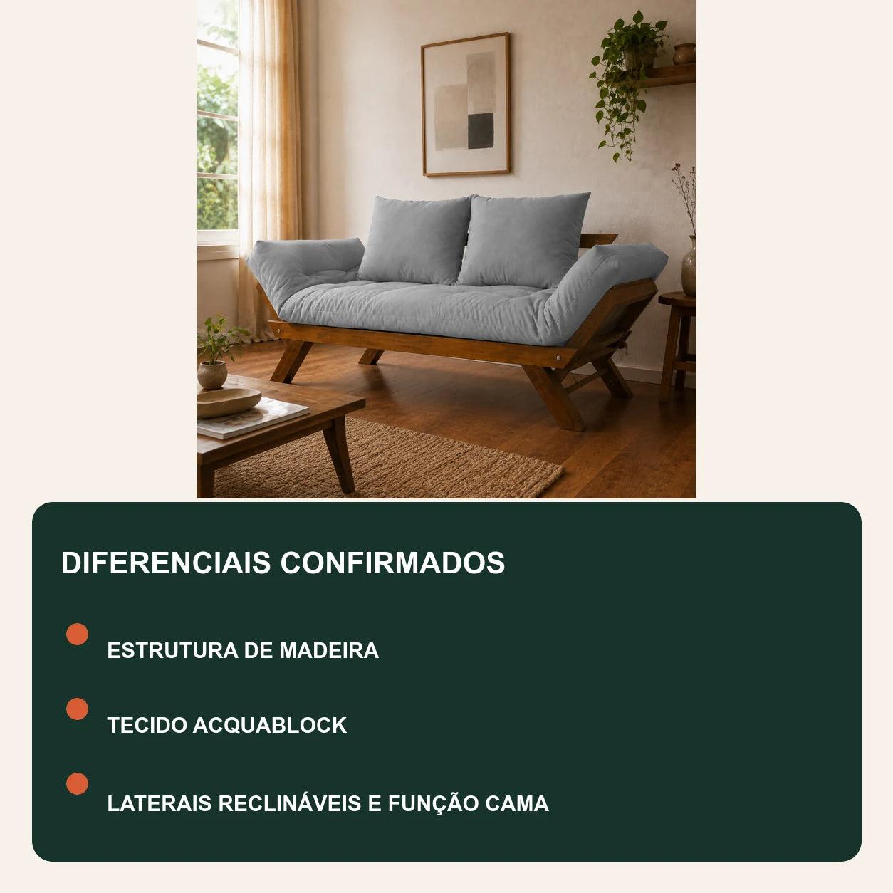 Sof� Cama Reclin�vel Futon Jap�o - Madeira Imbuia Tecido Acquablock Cor Cinza Linho - diferenciais