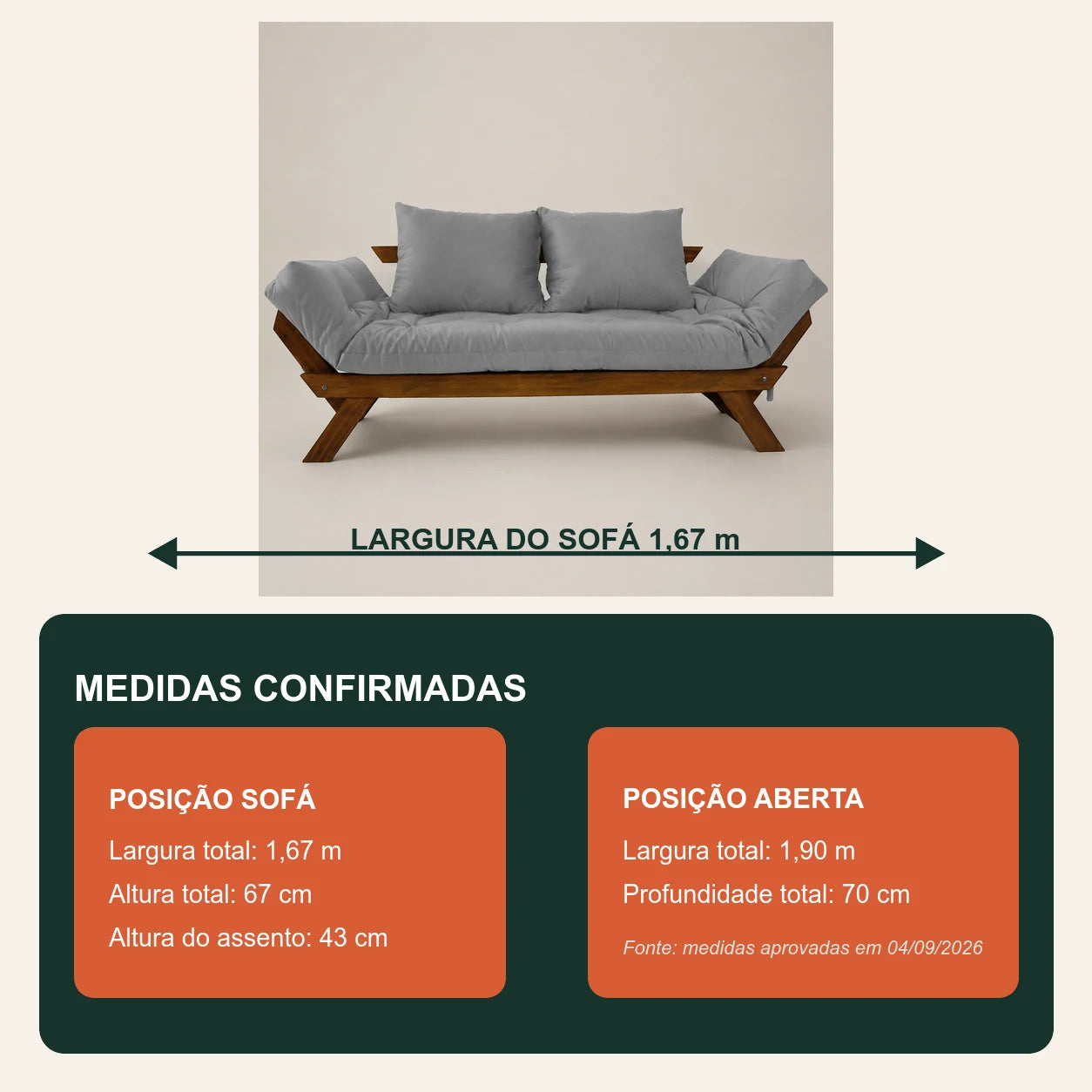 Sof� Cama Reclin�vel Futon Jap�o - Madeira Imbuia Tecido Acquablock Cor Cinza Linho - medidas