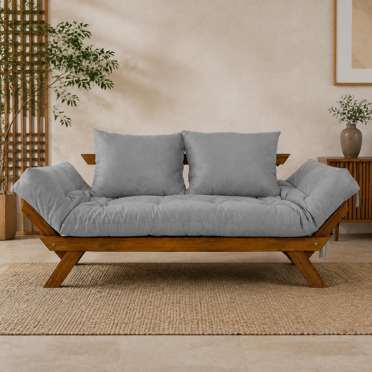 Sof� Cama Reclin�vel Futon Jap�o - Madeira Imbuia Tecido Acquablock Cor Cinza Linho - reclinada