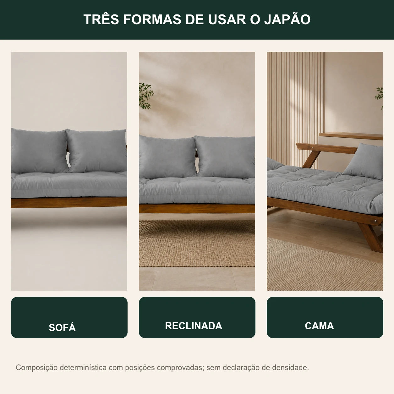 Sof� Cama Reclin�vel Futon Jap�o - Madeira Imbuia Tecido Acquablock Cor Cinza Linho - transformacao