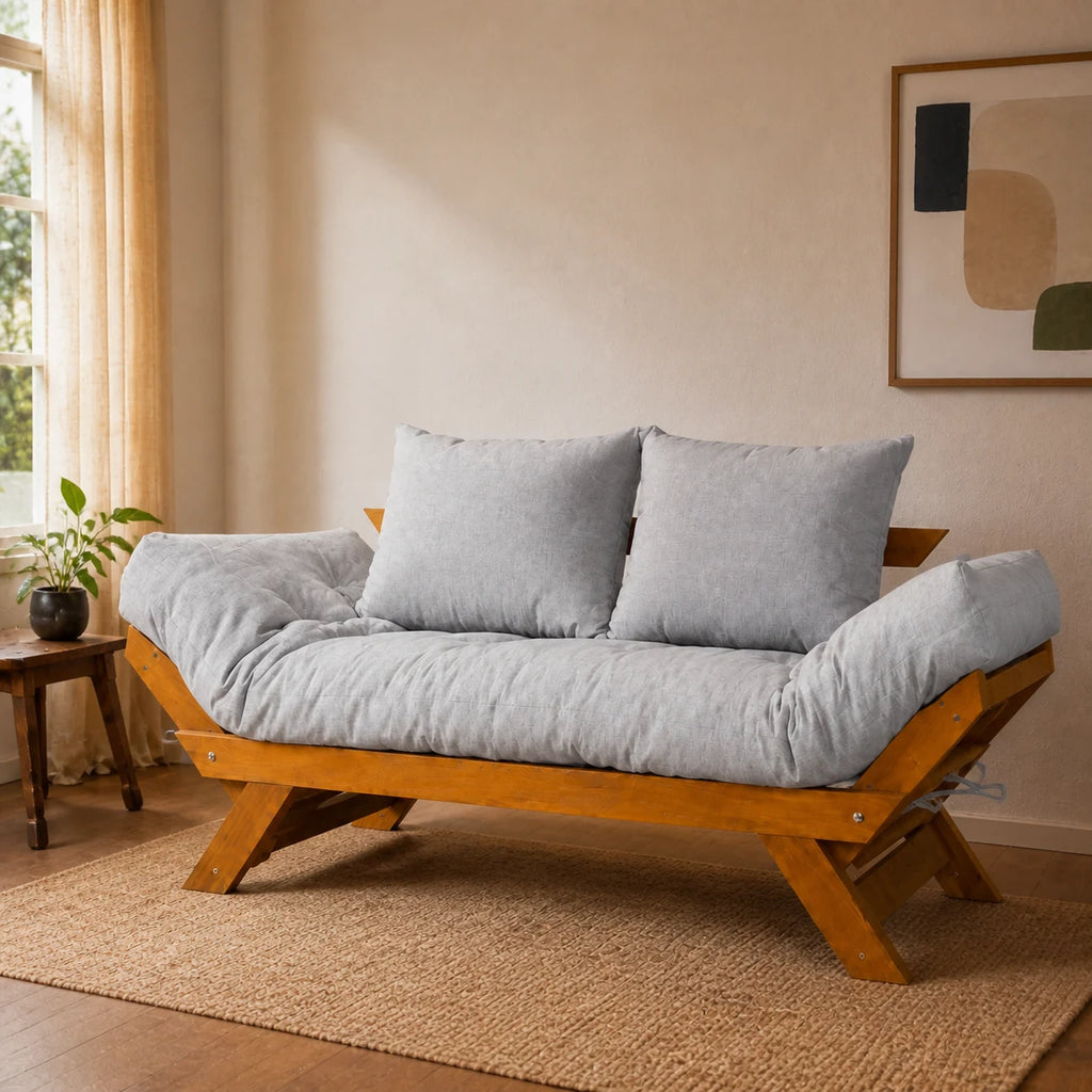 Sof� Cama Futon Reclin�vel Jap�o - Madeira Nobre Natural Tecido Acquablock Cor Cinza Linho - ambientada