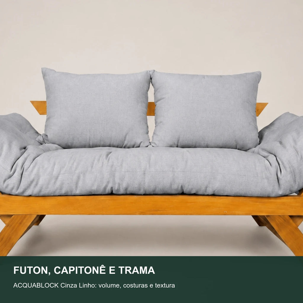 Sof� Cama Futon Reclin�vel Jap�o - Madeira Nobre Natural Tecido Acquablock Cor Cinza Linho - detalhe-capitone