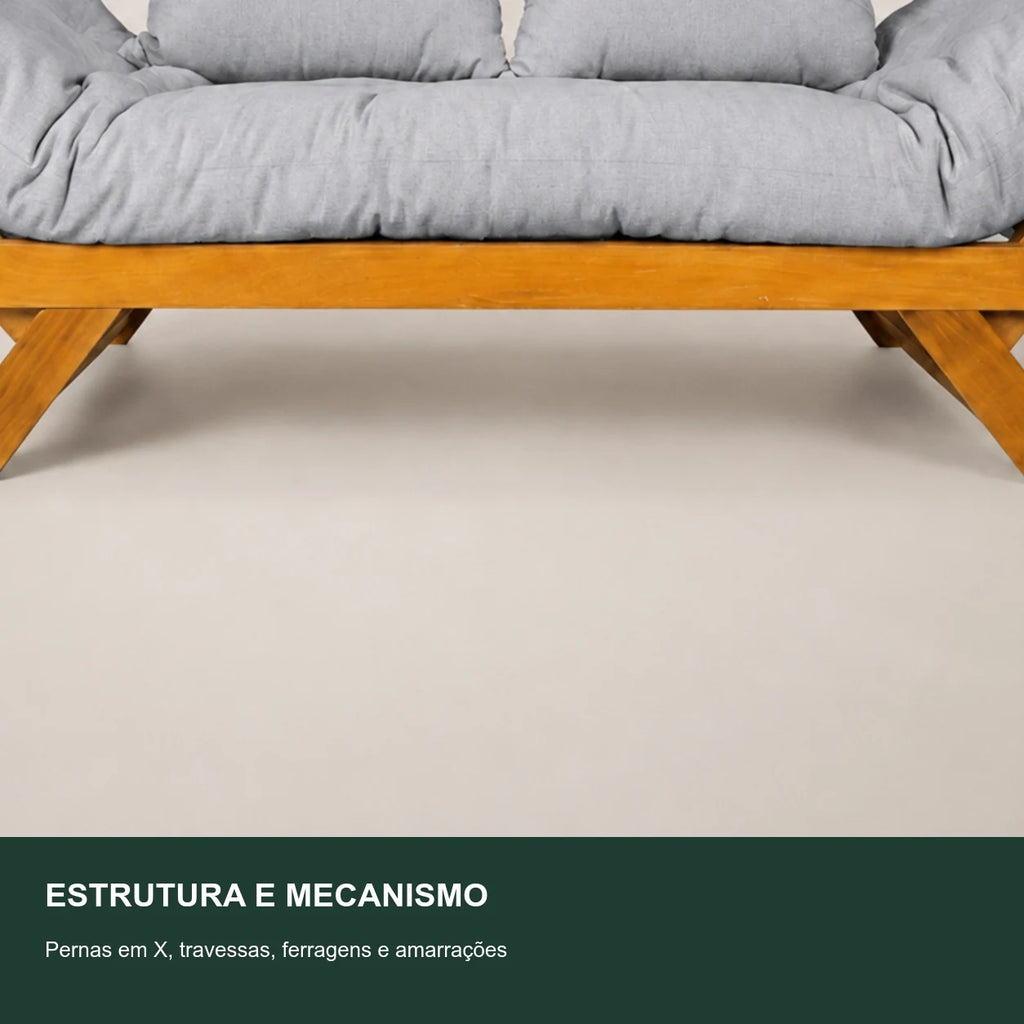 Sof� Cama Futon Reclin�vel Jap�o - Madeira Nobre Natural Tecido Acquablock Cor Cinza Linho - detalhe-mecanismo