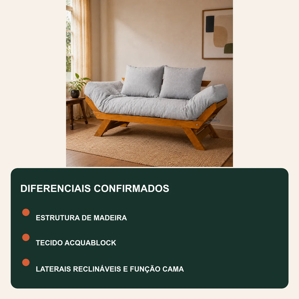 Sof� Cama Futon Reclin�vel Jap�o - Madeira Nobre Natural Tecido Acquablock Cor Cinza Linho - diferenciais