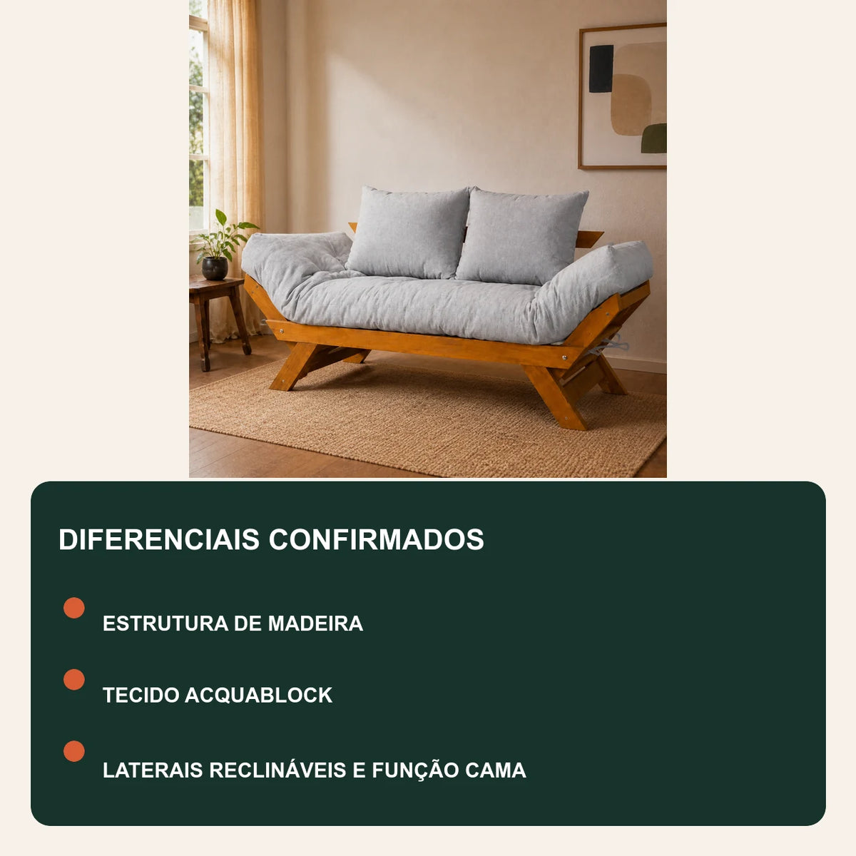Sof� Cama Futon Reclin�vel Jap�o - Madeira Nobre Natural Tecido Acquablock Cor Cinza Linho - diferenciais
