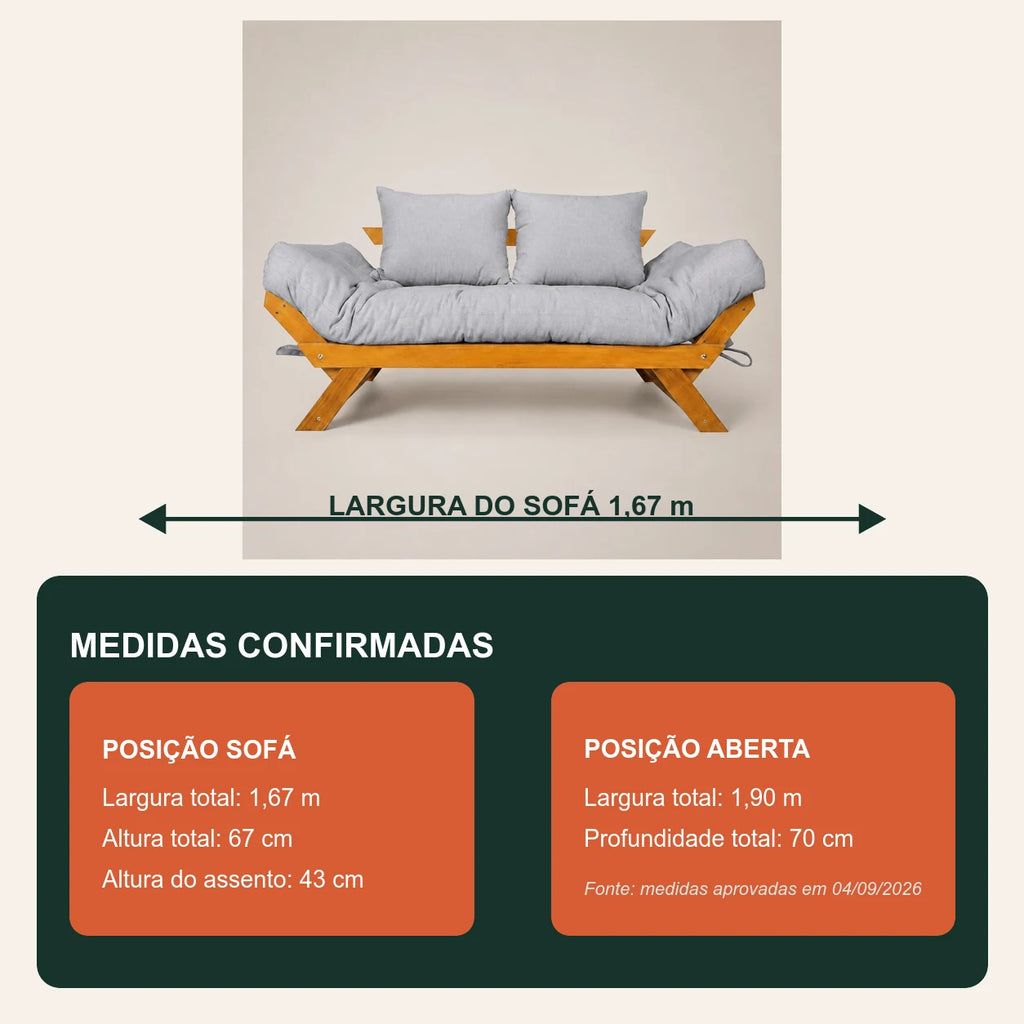 Sof� Cama Futon Reclin�vel Jap�o - Madeira Nobre Natural Tecido Acquablock Cor Cinza Linho - medidas