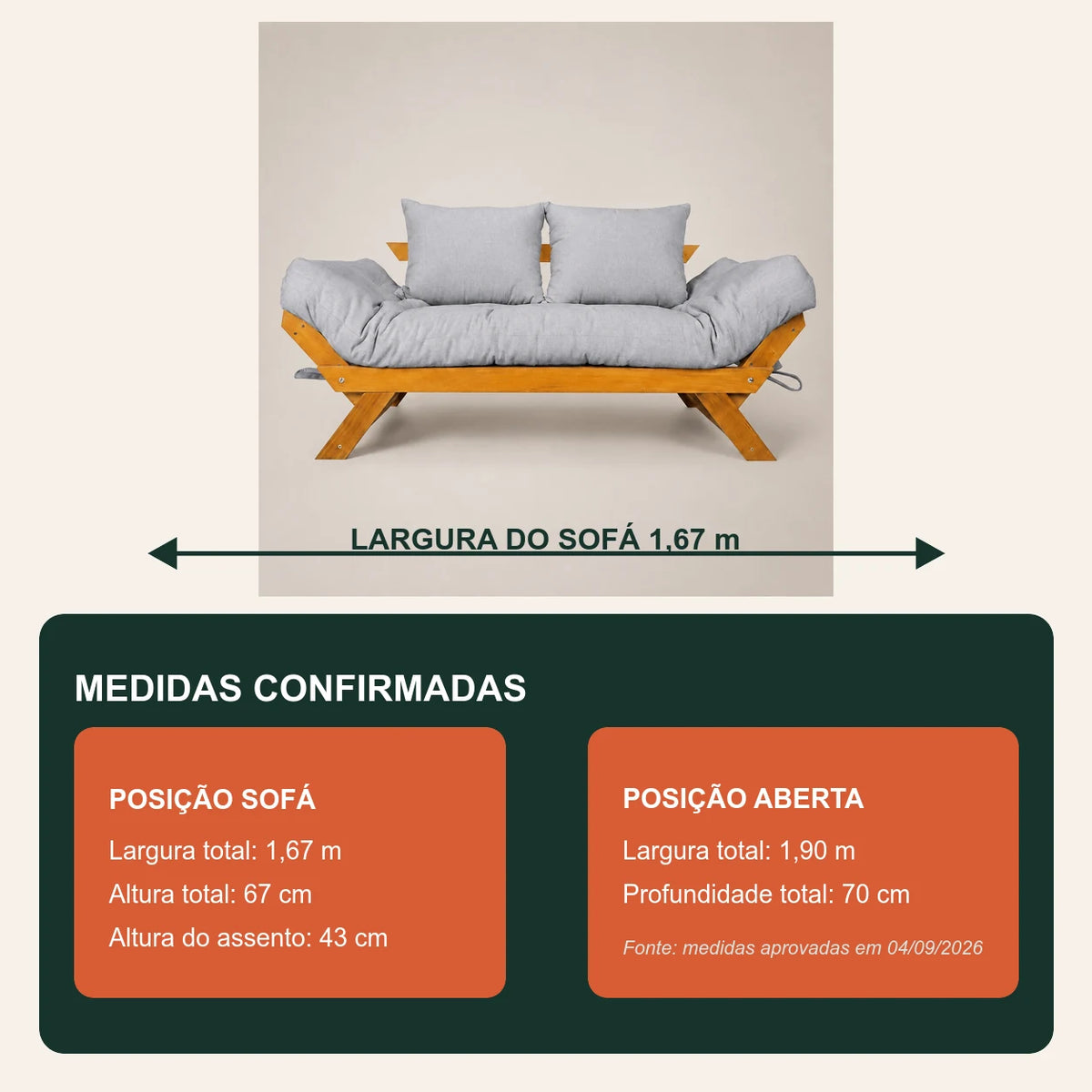 Sof� Cama Futon Reclin�vel Jap�o - Madeira Nobre Natural Tecido Acquablock Cor Cinza Linho - medidas