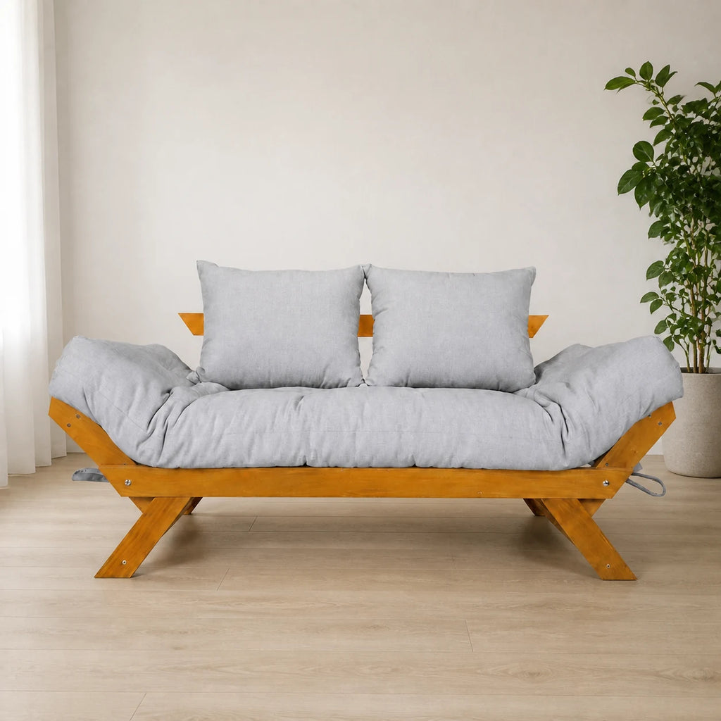 Sof� Cama Futon Reclin�vel Jap�o - Madeira Nobre Natural Tecido Acquablock Cor Cinza Linho - reclinada