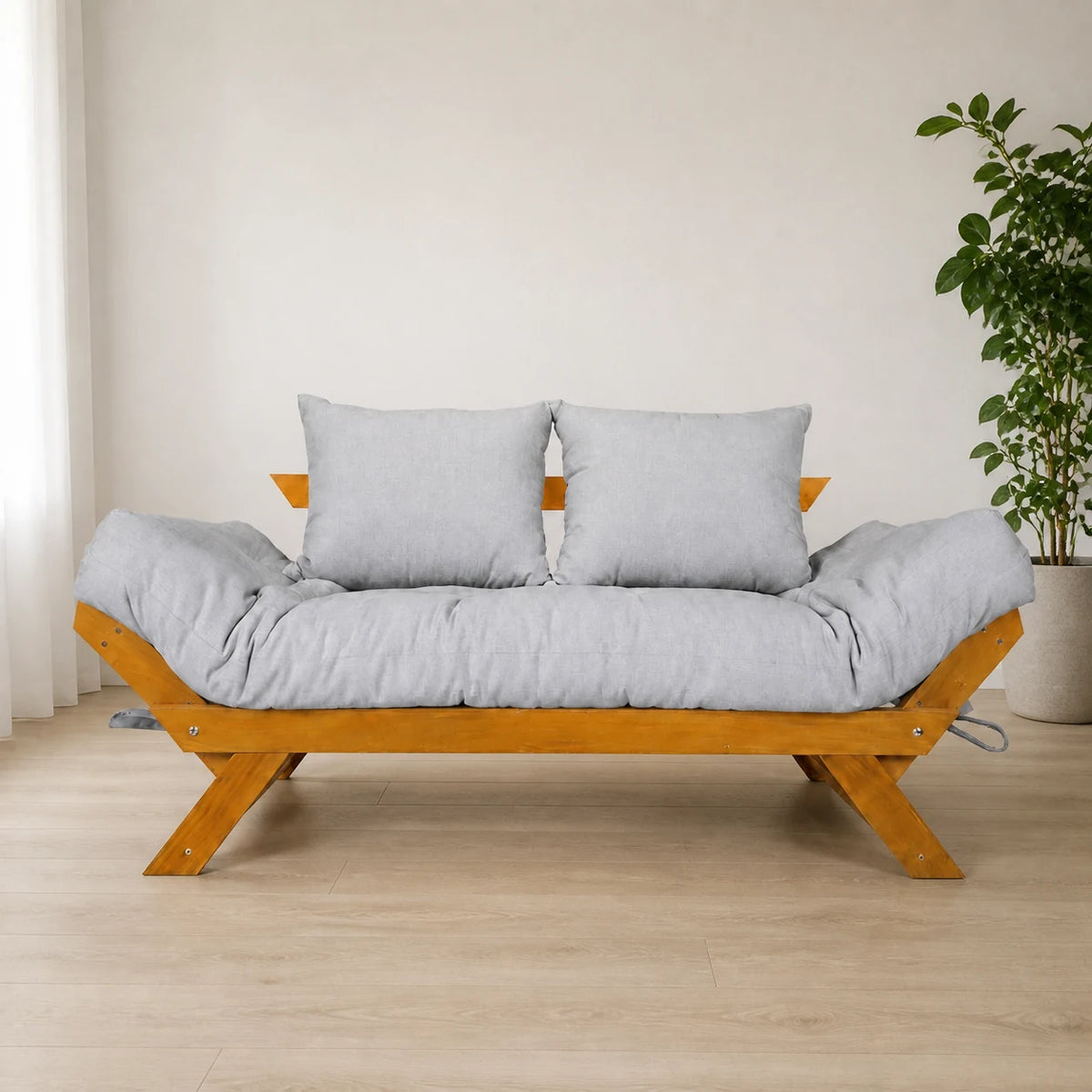 Sof� Cama Futon Reclin�vel Jap�o - Madeira Nobre Natural Tecido Acquablock Cor Cinza Linho - reclinada