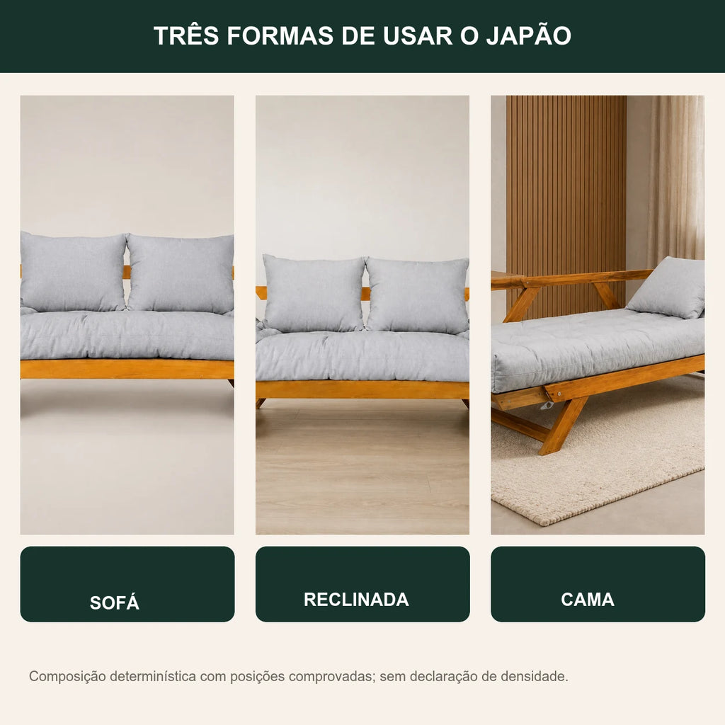 Sof� Cama Futon Reclin�vel Jap�o - Madeira Nobre Natural Tecido Acquablock Cor Cinza Linho - transformacao