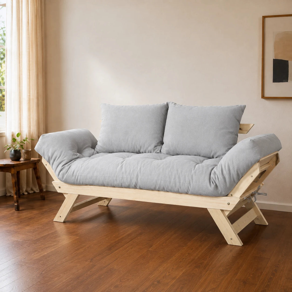 Sof� Cama Reclin�vel Futon Jap�o - Madeira Sem Pintura Tecido Acquablock Cor Cinza Linho - ambientada