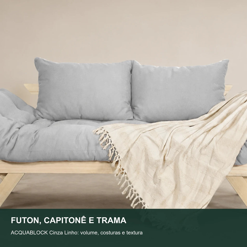 Sof� Cama Reclin�vel Futon Jap�o - Madeira Sem Pintura Tecido Acquablock Cor Cinza Linho - detalhe-capitone