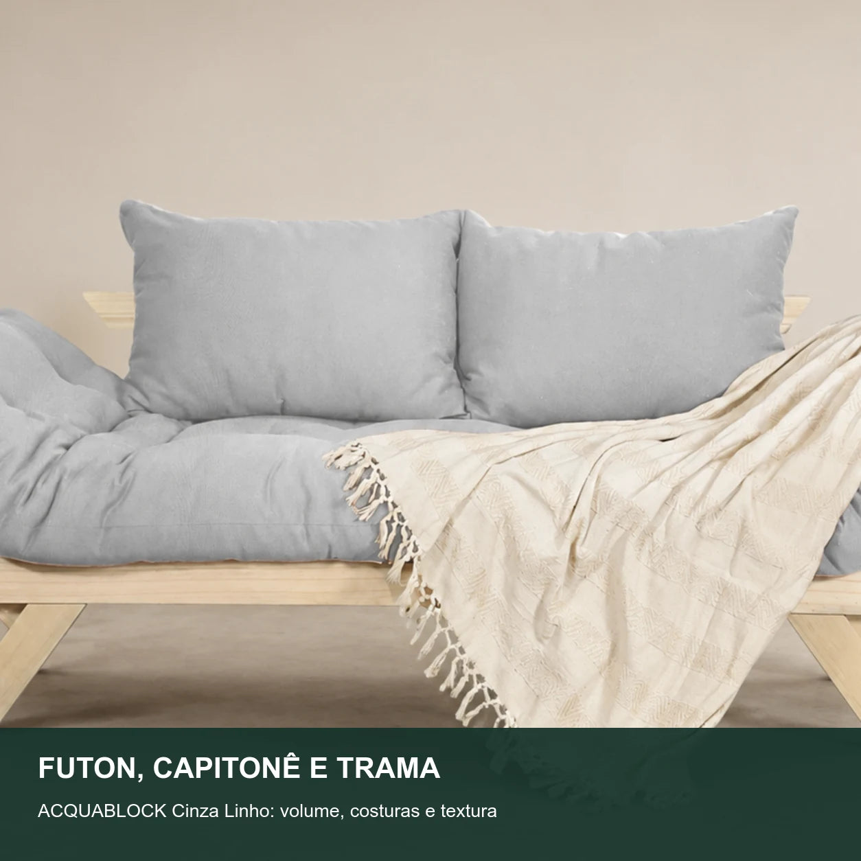 Sof� Cama Reclin�vel Futon Jap�o - Madeira Sem Pintura Tecido Acquablock Cor Cinza Linho - detalhe-capitone