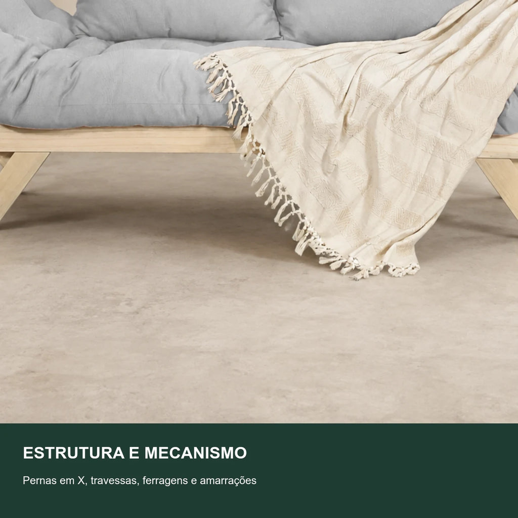 Sof� Cama Reclin�vel Futon Jap�o - Madeira Sem Pintura Tecido Acquablock Cor Cinza Linho - detalhe-mecanismo