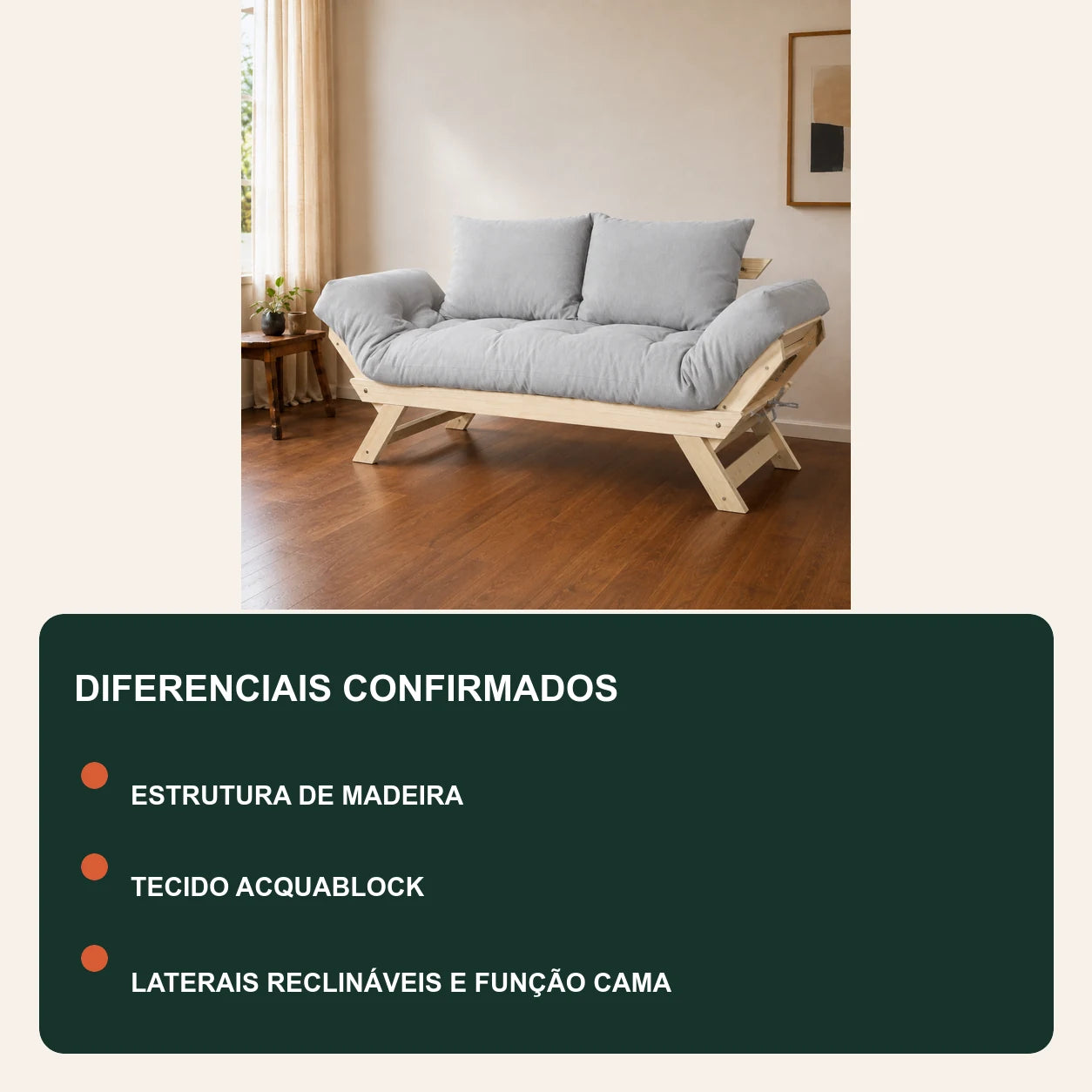Sof� Cama Reclin�vel Futon Jap�o - Madeira Sem Pintura Tecido Acquablock Cor Cinza Linho - diferenciais