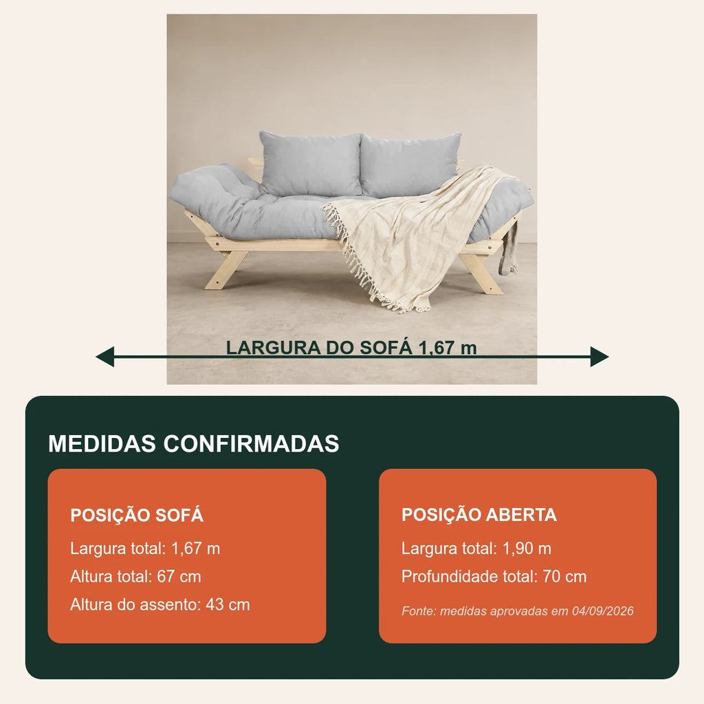Sof� Cama Reclin�vel Futon Jap�o - Madeira Sem Pintura Tecido Acquablock Cor Cinza Linho - medidas
