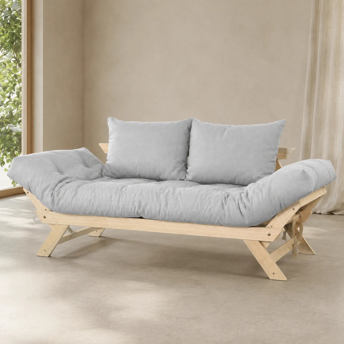 Sof� Cama Reclin�vel Futon Jap�o - Madeira Sem Pintura Tecido Acquablock Cor Cinza Linho - reclinada
