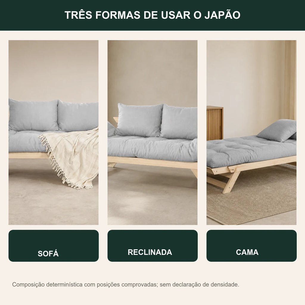 Sof� Cama Reclin�vel Futon Jap�o - Madeira Sem Pintura Tecido Acquablock Cor Cinza Linho - transformacao
