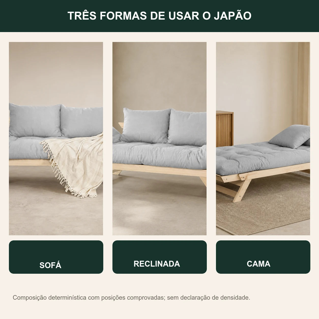 Sof� Cama Reclin�vel Futon Jap�o - Madeira Sem Pintura Tecido Acquablock Cor Cinza Linho - transformacao