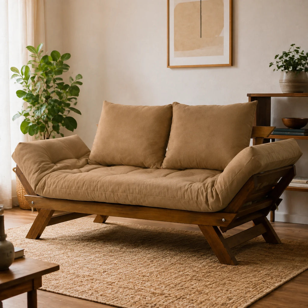 Sof� Cama Reclin�vel Futon Jap�o - Madeira Imbuia Tecido Acquablock Cor Fendi - ambientada