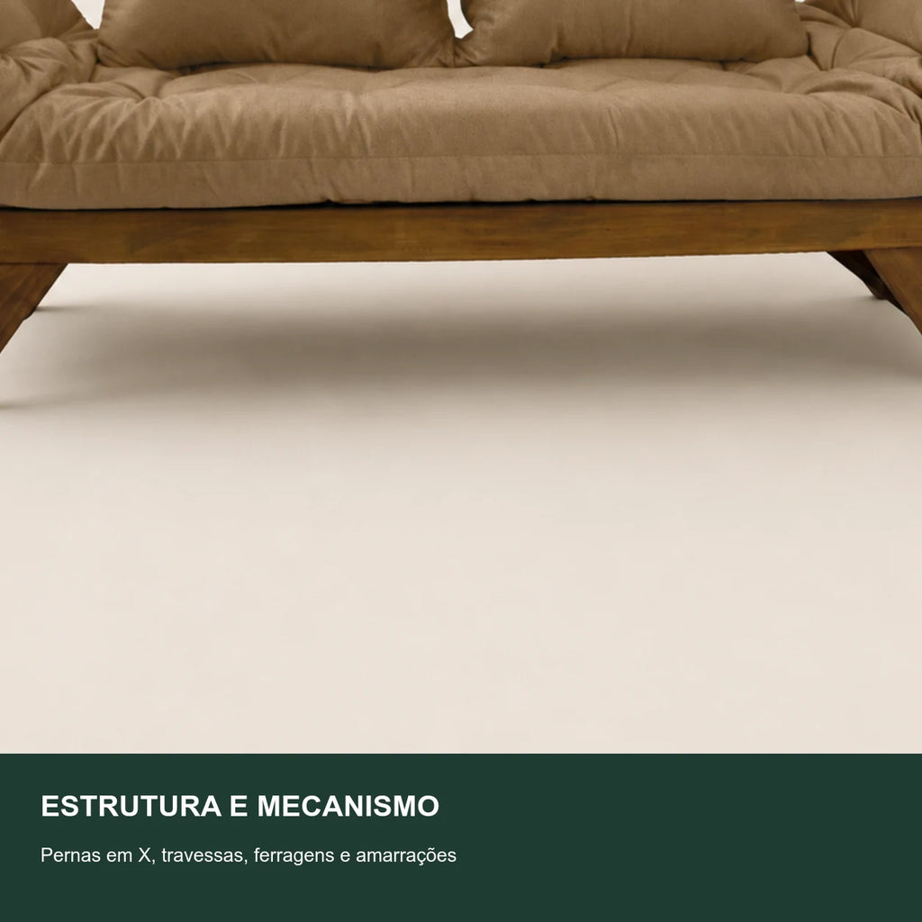 Sof� Cama Reclin�vel Futon Jap�o - Madeira Imbuia Tecido Acquablock Cor Fendi - detalhe-mecanismo
