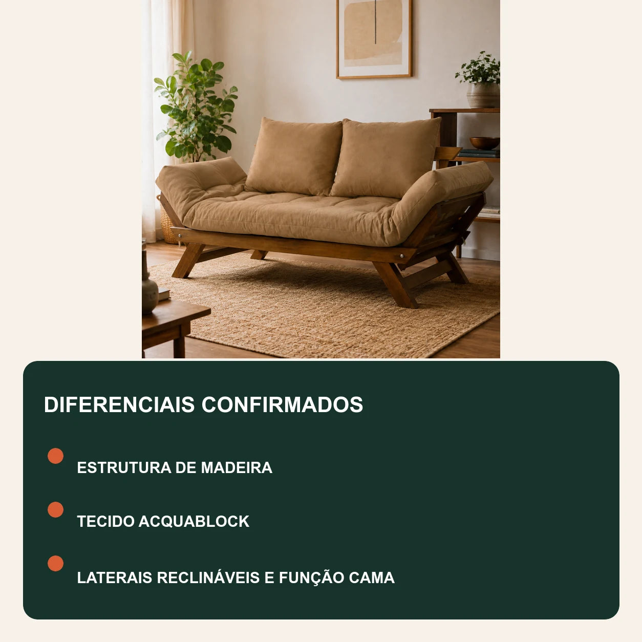 Sof� Cama Reclin�vel Futon Jap�o - Madeira Imbuia Tecido Acquablock Cor Fendi - diferenciais