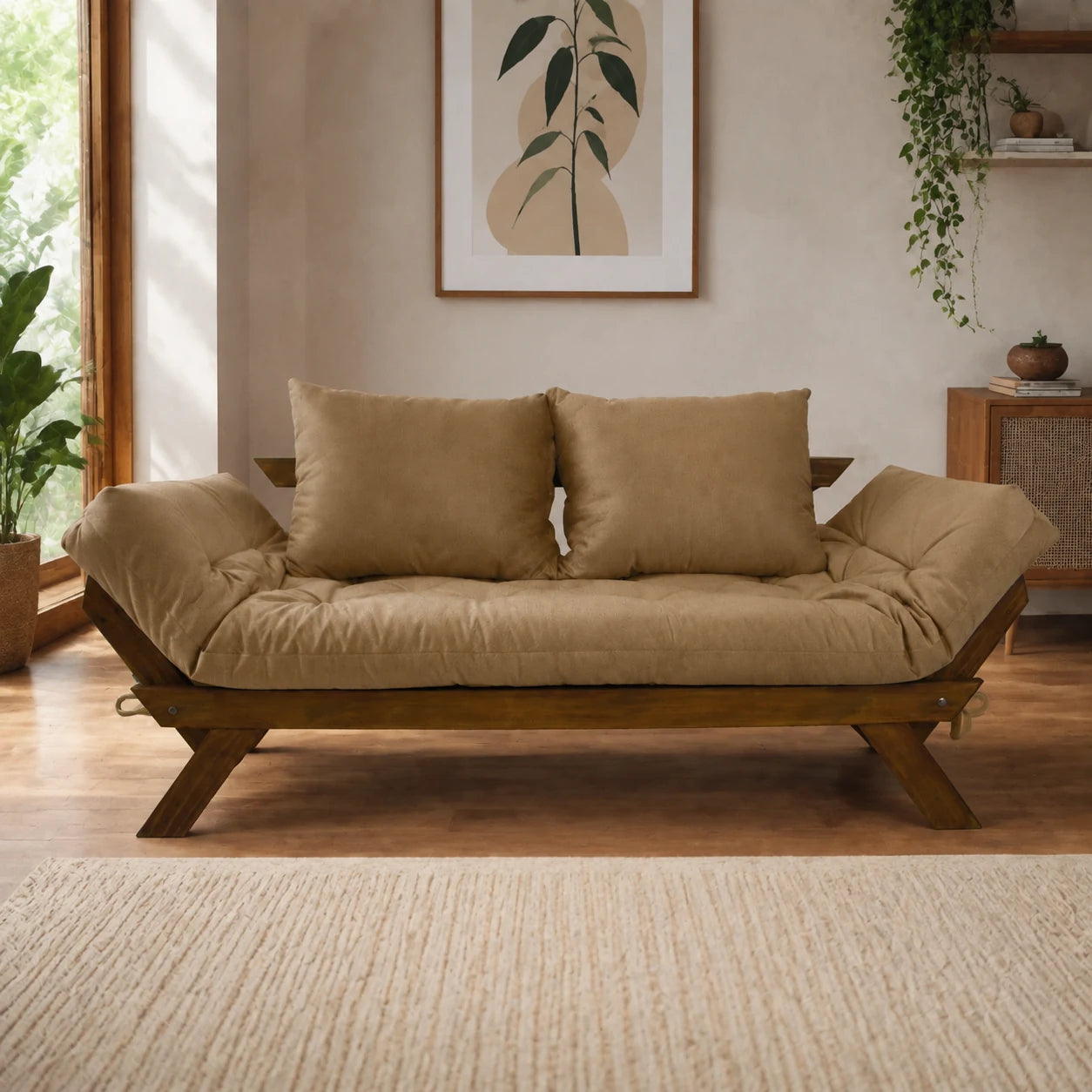 Sof� Cama Reclin�vel Futon Jap�o - Madeira Imbuia Tecido Acquablock Cor Fendi - reclinada