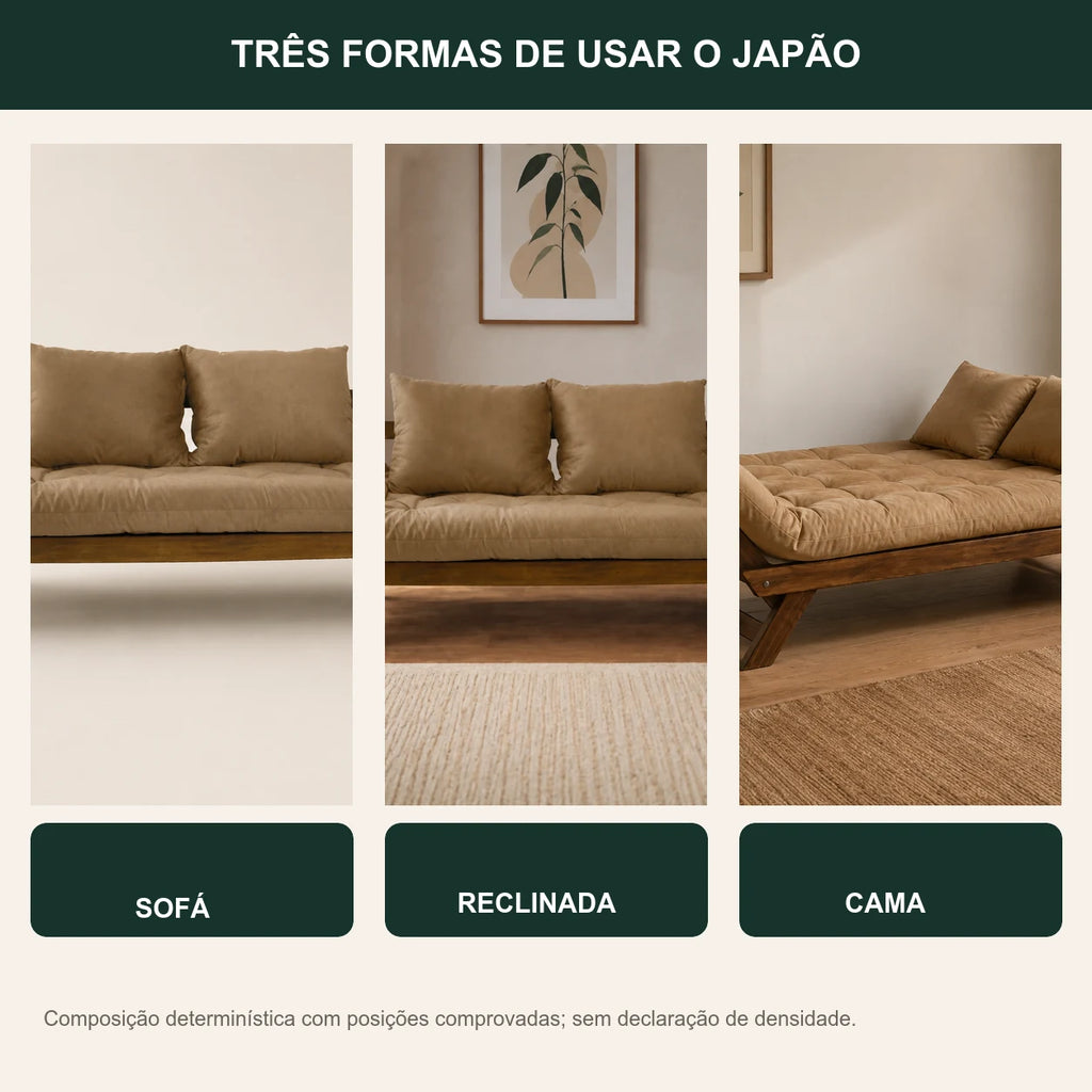 Sof� Cama Reclin�vel Futon Jap�o - Madeira Imbuia Tecido Acquablock Cor Fendi - transformacao