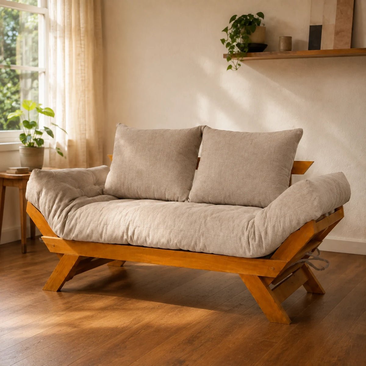Sof� Cama Futon Reclin�vel Jap�o D33 - Madeira Nobre Mel Tecido Acquablock Cor Fendi - ambientada