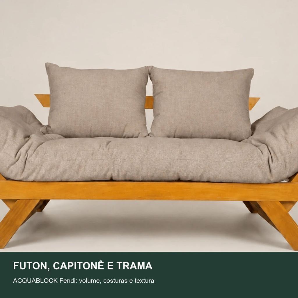 Sof� Cama Futon Reclin�vel Jap�o - Madeira Nobre Natural Tecido Acquablock Cor Fendi - detalhe-capitone