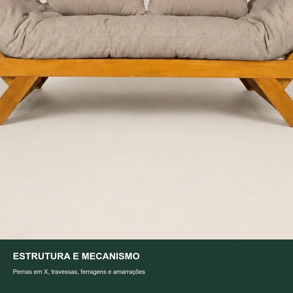 Sof� Cama Futon Reclin�vel Jap�o - Madeira Nobre Natural Tecido Acquablock Cor Fendi - detalhe-mecanismo