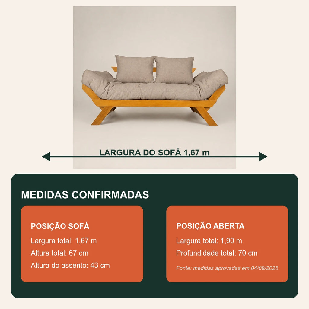 Sof� Cama Futon Reclin�vel Jap�o - Madeira Nobre Natural Tecido Acquablock Cor Fendi - medidas