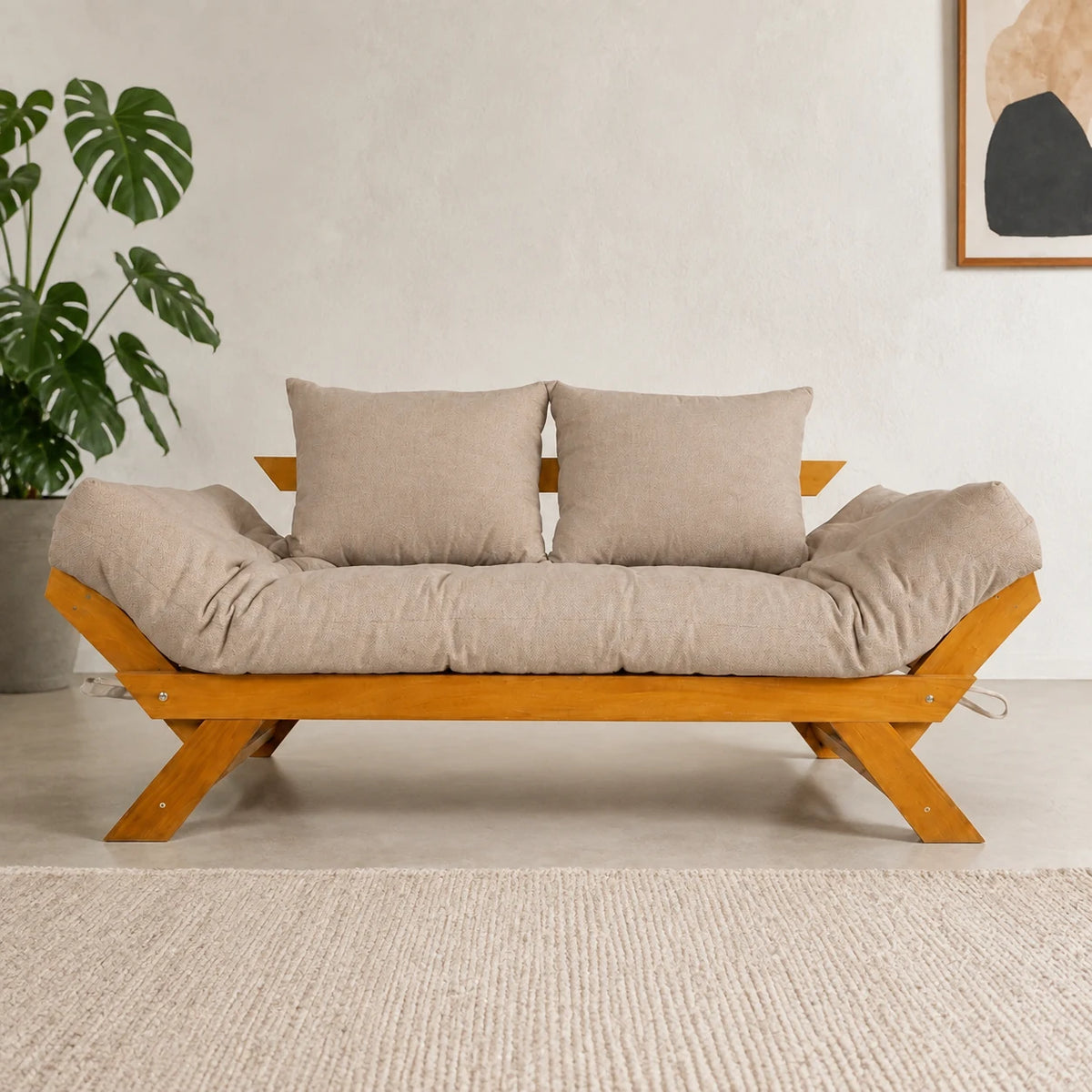 Sof� Cama Futon Reclin�vel Jap�o - Madeira Nobre Natural Tecido Acquablock Cor Fendi - reclinada