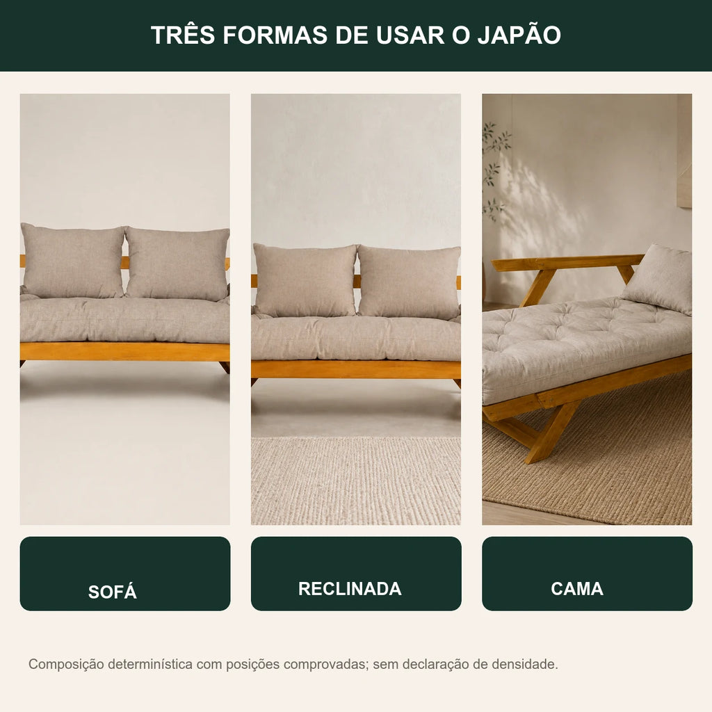 Sof� Cama Futon Reclin�vel Jap�o - Madeira Nobre Natural Tecido Acquablock Cor Fendi - transformacao