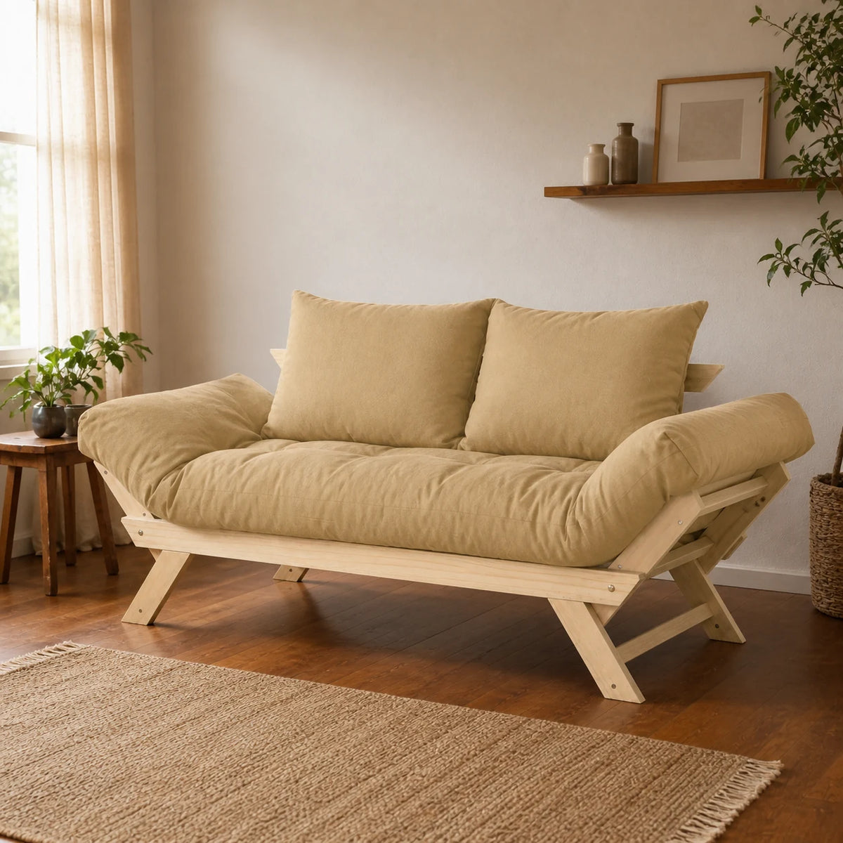 Sof� Cama Reclin�vel Futon Jap�o - Madeira Sem Pintura Tecido Acquablock Cor Fendi - ambientada