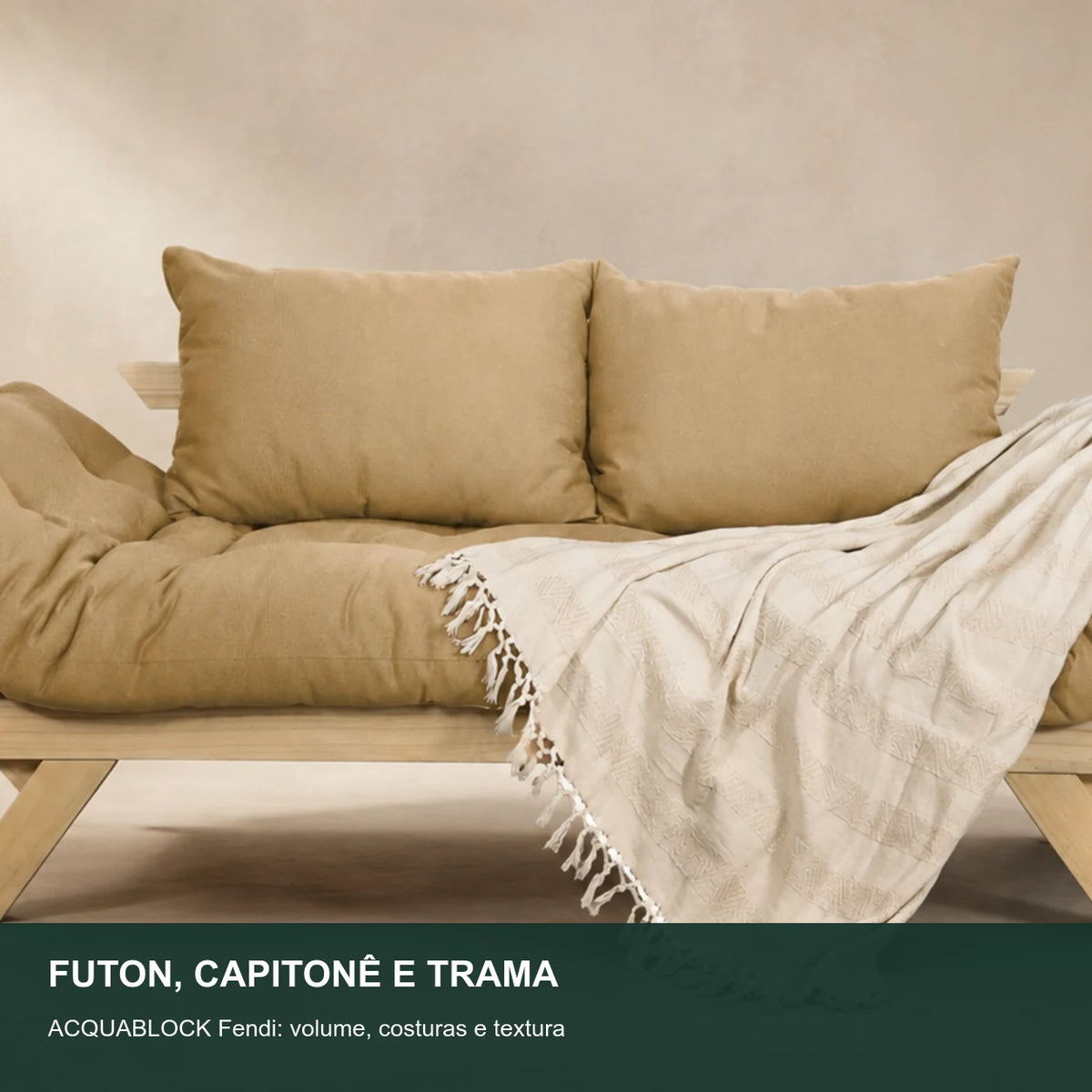 Sof� Cama Reclin�vel Futon Jap�o - Madeira Sem Pintura Tecido Acquablock Cor Fendi - detalhe-capitone