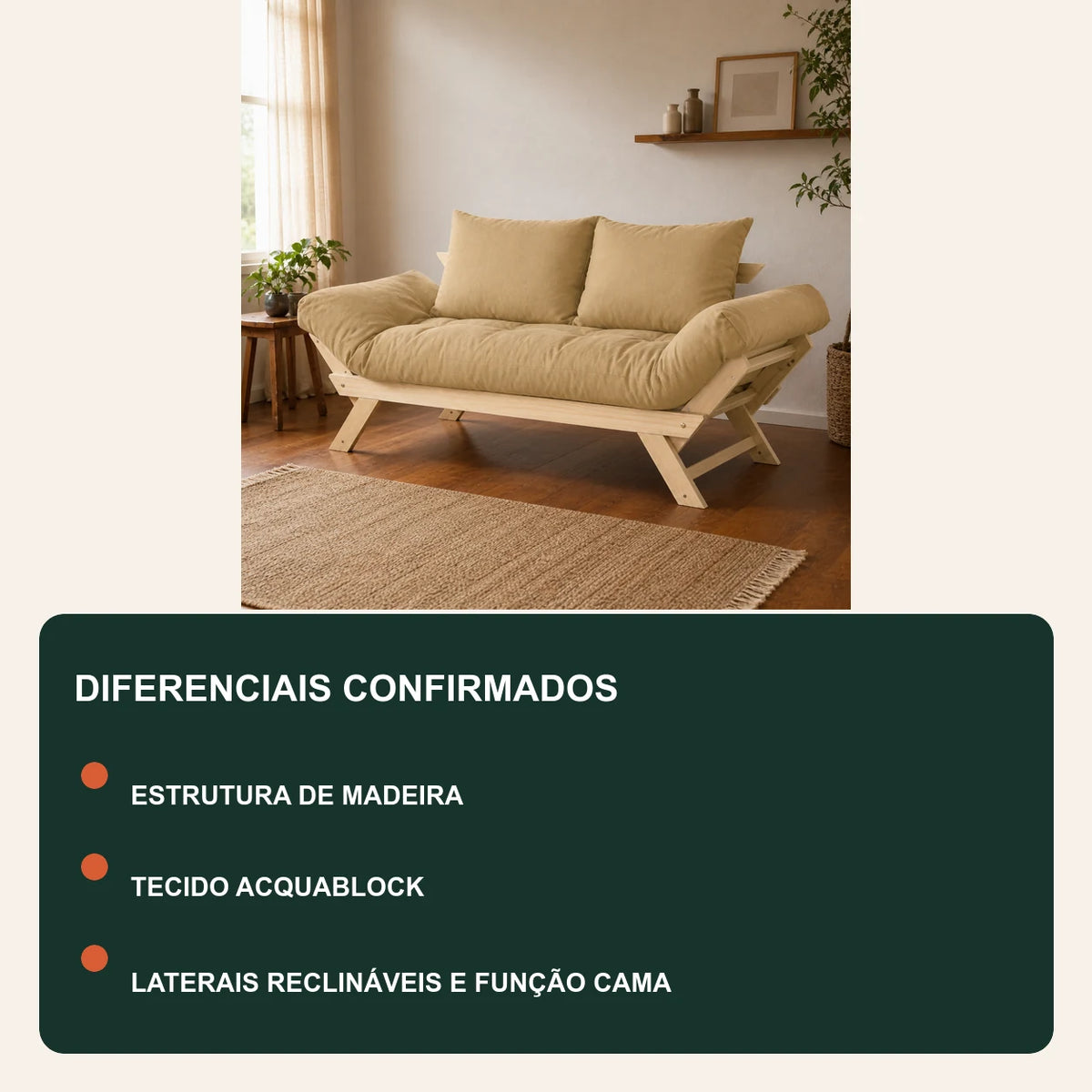 Sof� Cama Reclin�vel Futon Jap�o - Madeira Sem Pintura Tecido Acquablock Cor Fendi - diferenciais