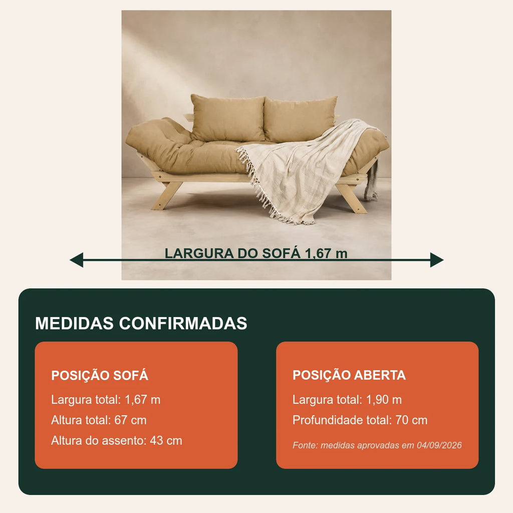 Sof� Cama Reclin�vel Futon Jap�o - Madeira Sem Pintura Tecido Acquablock Cor Fendi - medidas