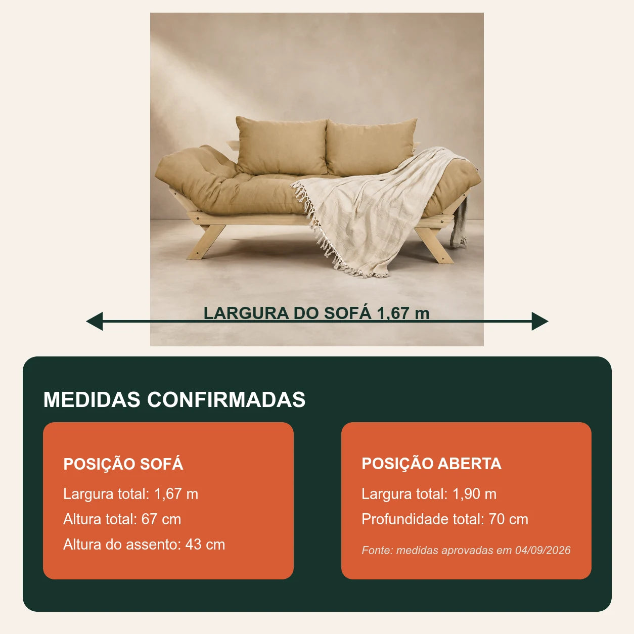 Sof� Cama Reclin�vel Futon Jap�o - Madeira Sem Pintura Tecido Acquablock Cor Fendi - medidas