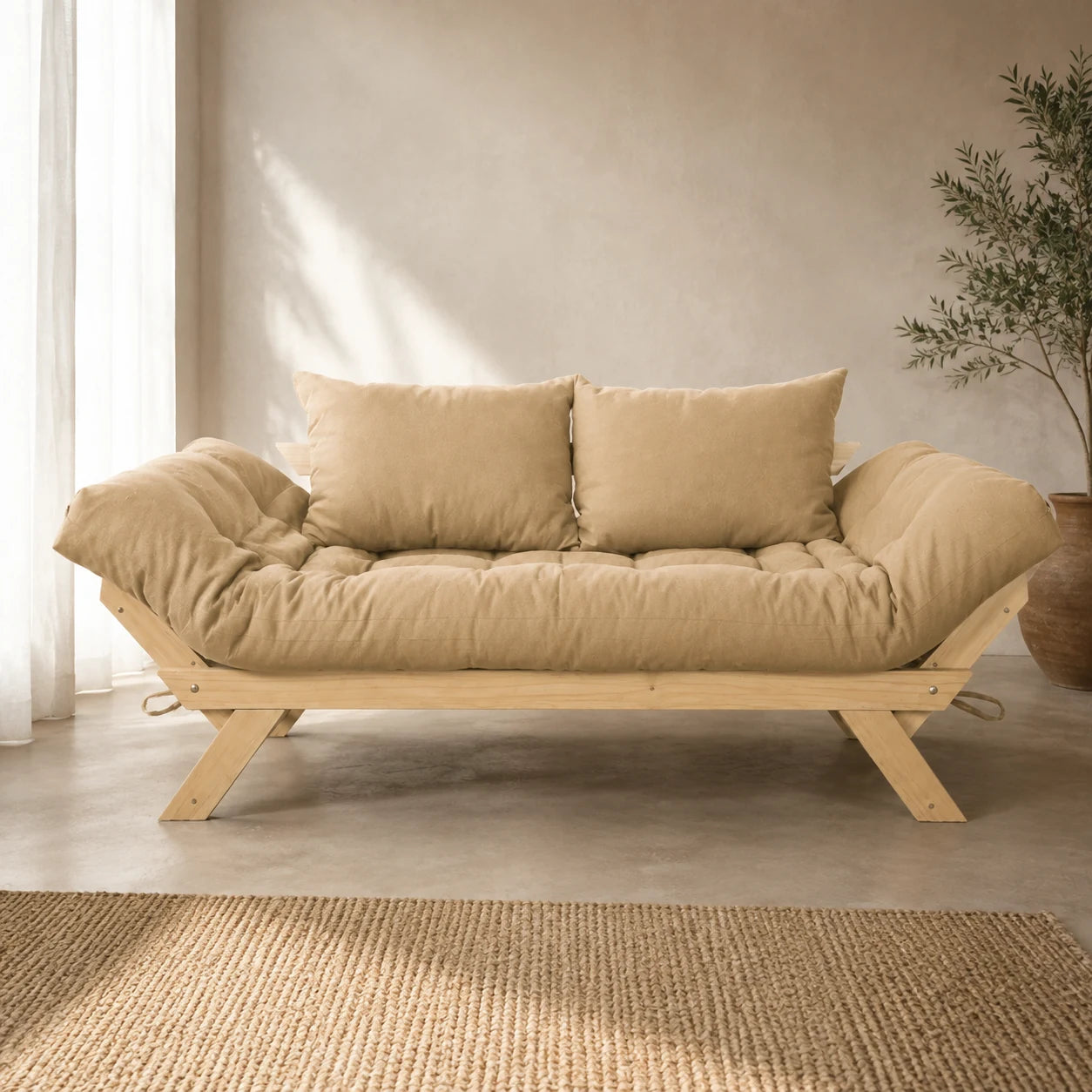 Sof� Cama Reclin�vel Futon Jap�o - Madeira Sem Pintura Tecido Acquablock Cor Fendi - reclinada