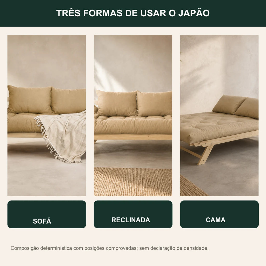 Sof� Cama Reclin�vel Futon Jap�o - Madeira Sem Pintura Tecido Acquablock Cor Fendi - transformacao