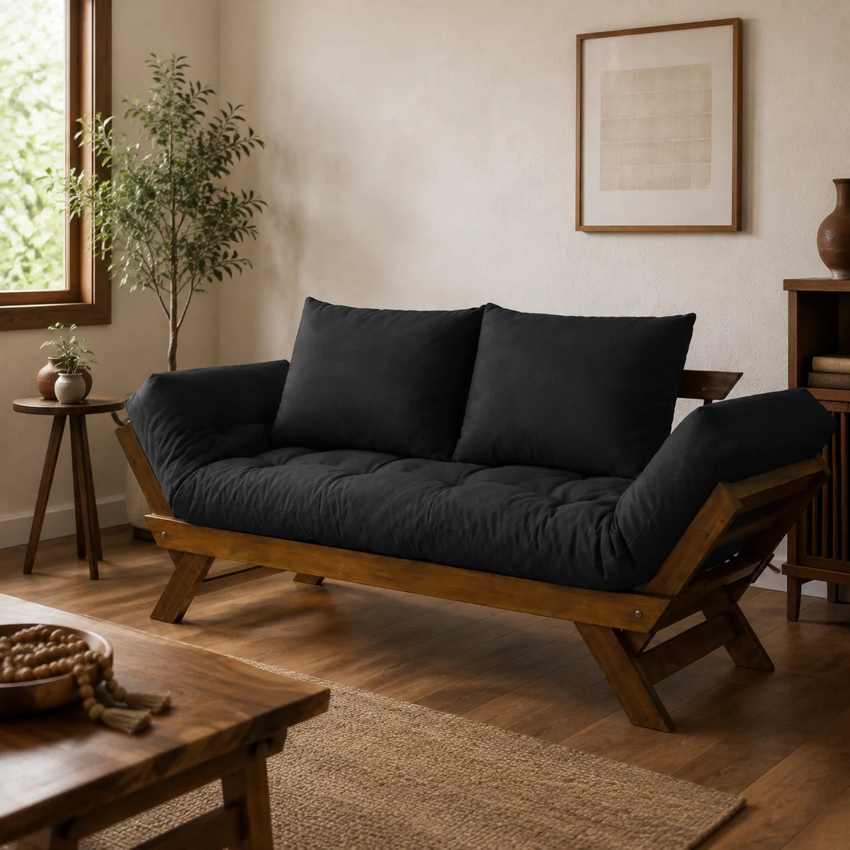 Sof� Cama Reclin�vel Futon Jap�o - Madeira Imbuia Tecido Acquablock Cor Preto - ambientada