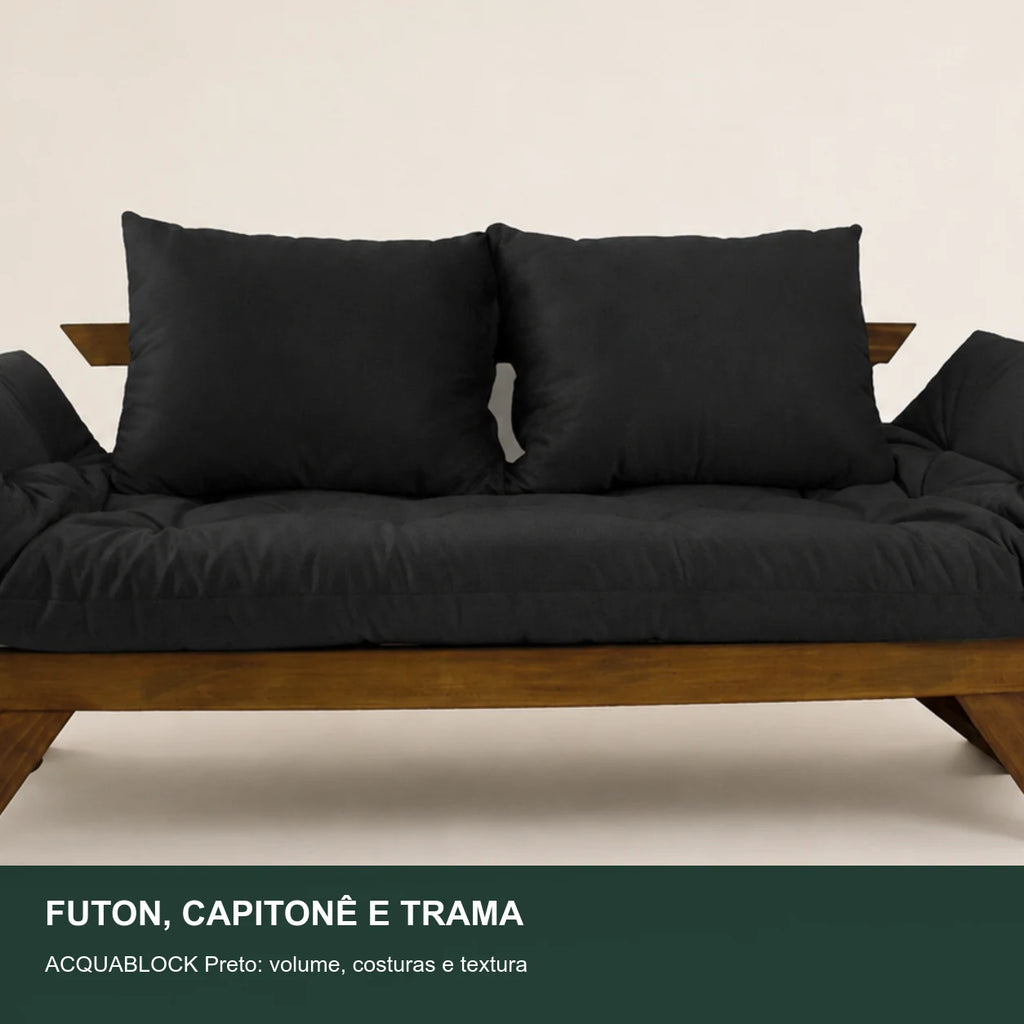 Sof� Cama Reclin�vel Futon Jap�o - Madeira Imbuia Tecido Acquablock Cor Preto - detalhe-capitone