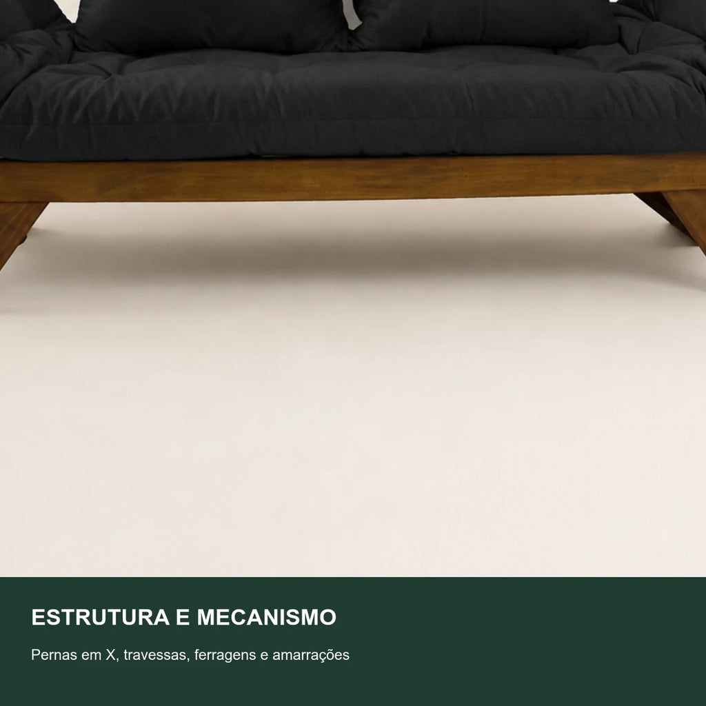 Sof� Cama Reclin�vel Futon Jap�o - Madeira Imbuia Tecido Acquablock Cor Preto - detalhe-mecanismo