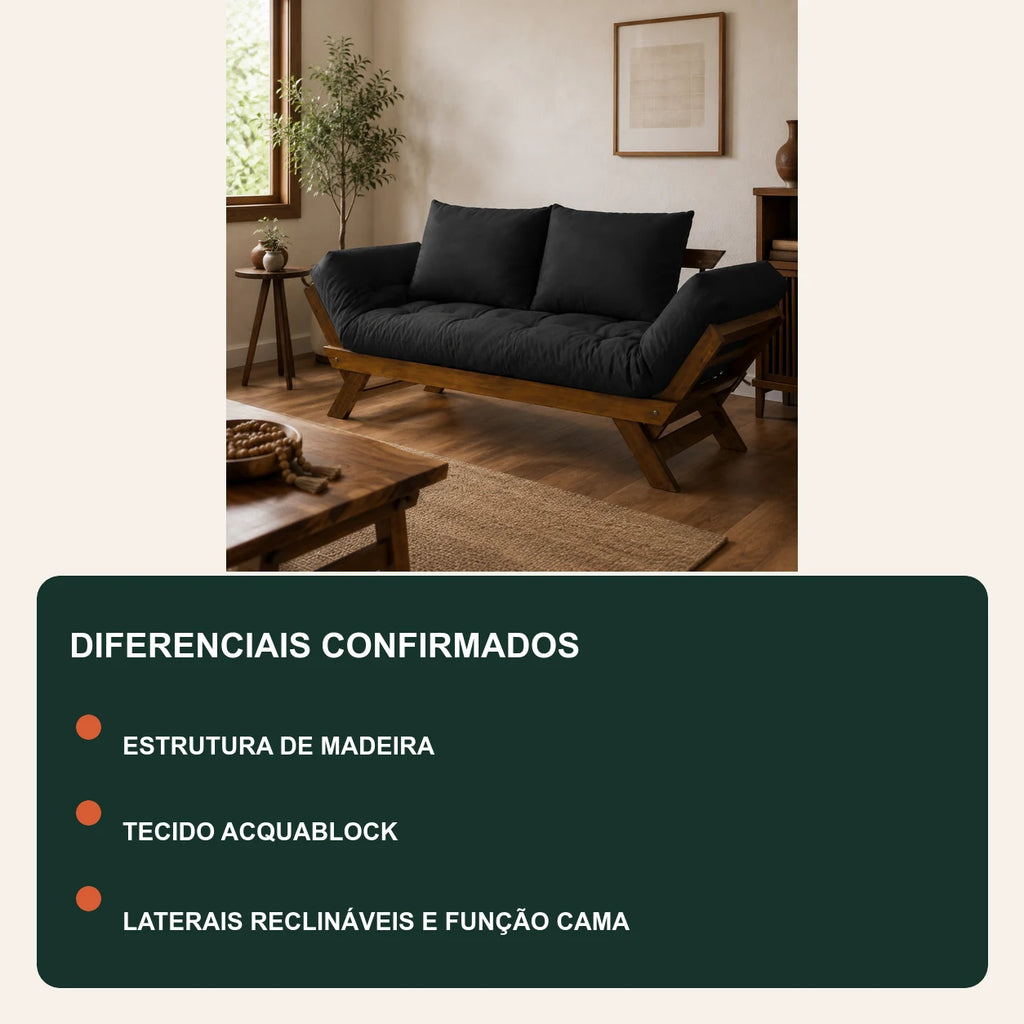 Sof� Cama Reclin�vel Futon Jap�o - Madeira Imbuia Tecido Acquablock Cor Preto - diferenciais