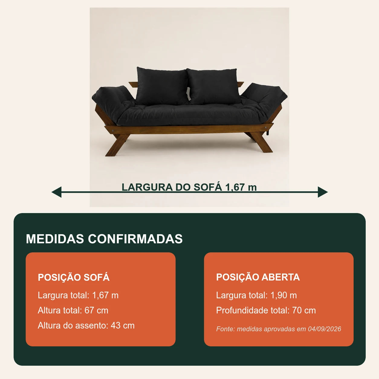 Sof� Cama Reclin�vel Futon Jap�o - Madeira Imbuia Tecido Acquablock Cor Preto - medidas