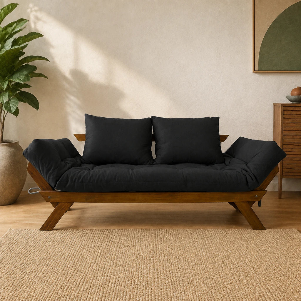 Sof� Cama Reclin�vel Futon Jap�o - Madeira Imbuia Tecido Acquablock Cor Preto - reclinada