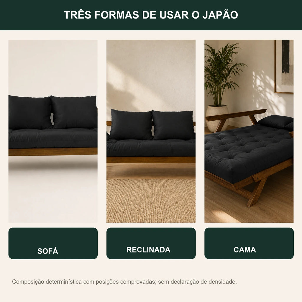 Sof� Cama Reclin�vel Futon Jap�o - Madeira Imbuia Tecido Acquablock Cor Preto - transformacao
