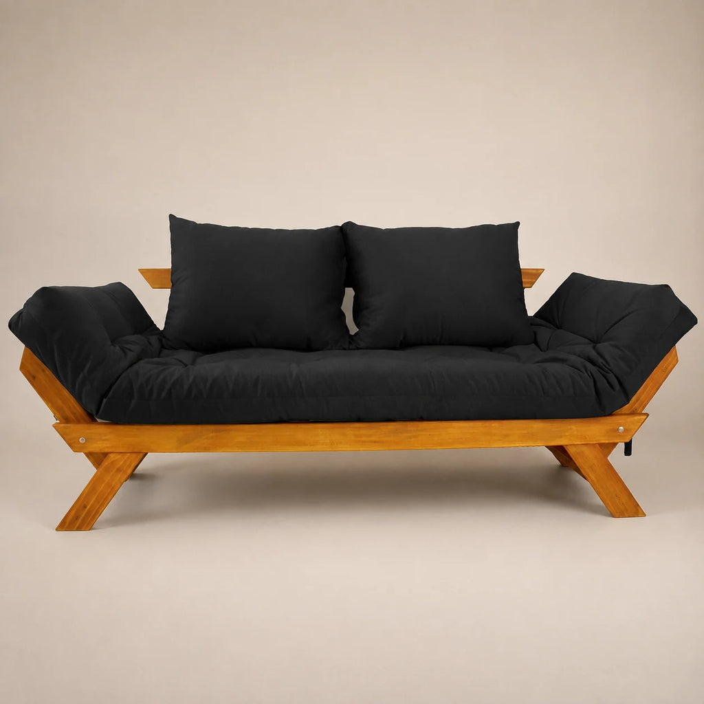 Sofá Cama Reclinável Futon Japão - Madeira Mel Tecido Acquablock Cor Preto